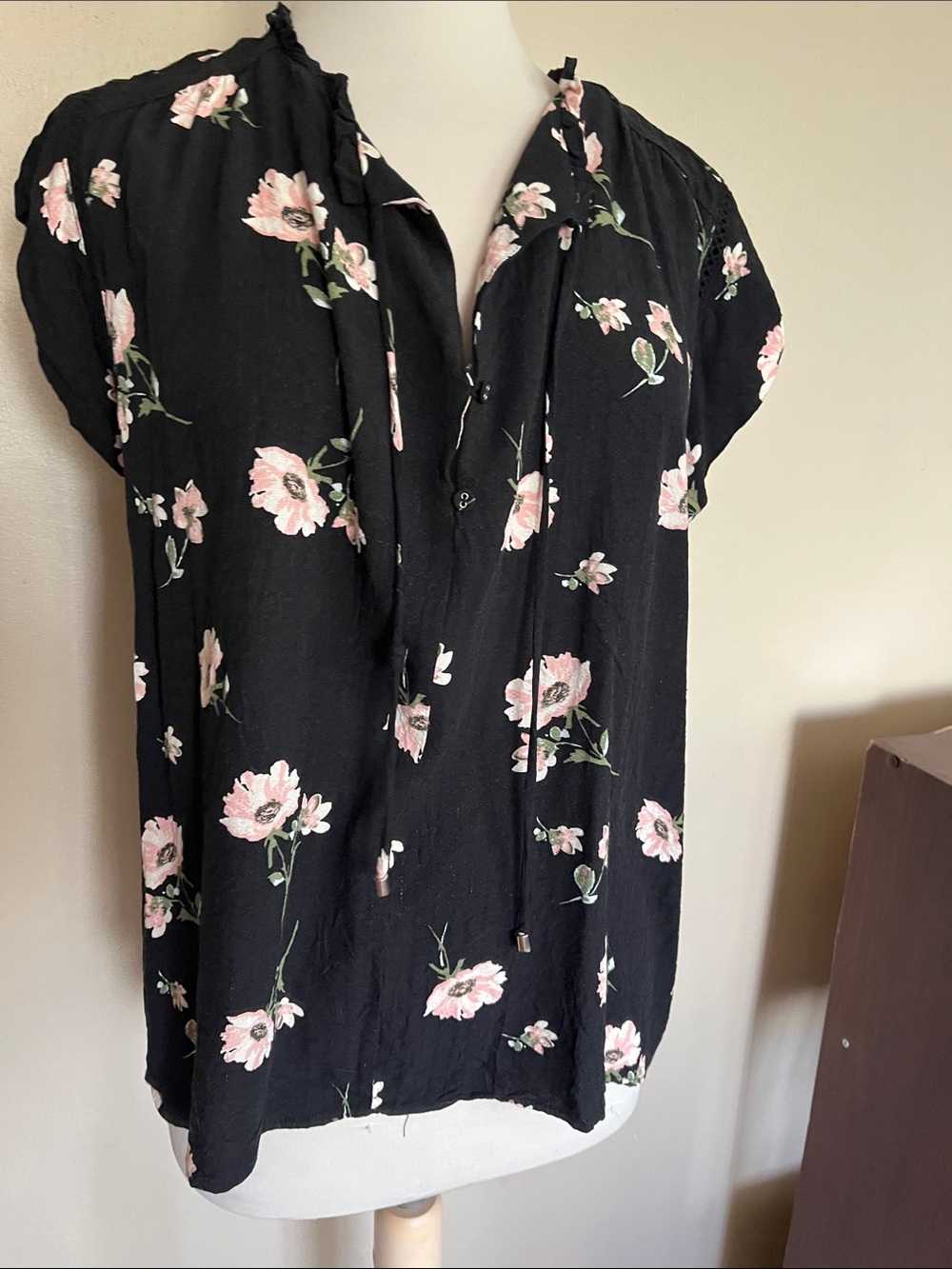Buffalo David Bitton Black Blouse with Pink Floral Print